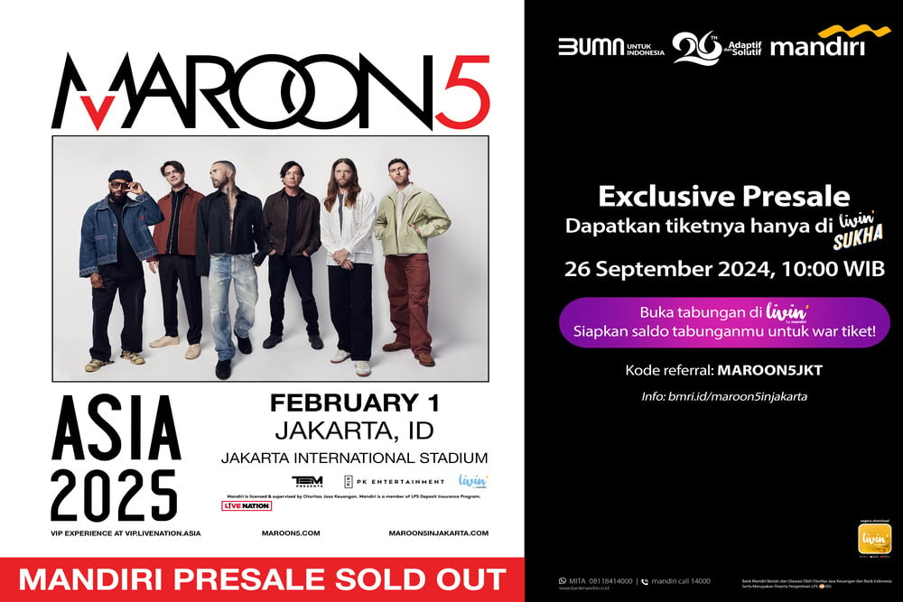 32.055 Tiket Maroon 5 Live in Jakarta Ludes Terjual di Livin' by Mandiri